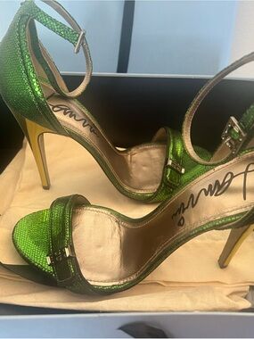 Lanvin Metallic Green Open-Toe Ankle-Strap Heels with Gold Stiletto
